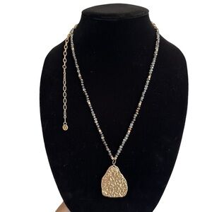 Beautiful Gold Tone Hammered Shimmer Pendant with Beaded Long Necklace
